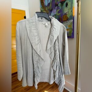 Nikki Valenti Linen Open Front Jacket Light Gray Ruffled Lapel Front Wmns Size L